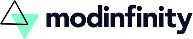 Logo for Modinfinity LLC, it shows a wordmark of the company name, Modinfinity, and two triangles to the left of it overlapping. The bottom triangle is a bright teal while the triangle on top is transparent with a thick black outline.